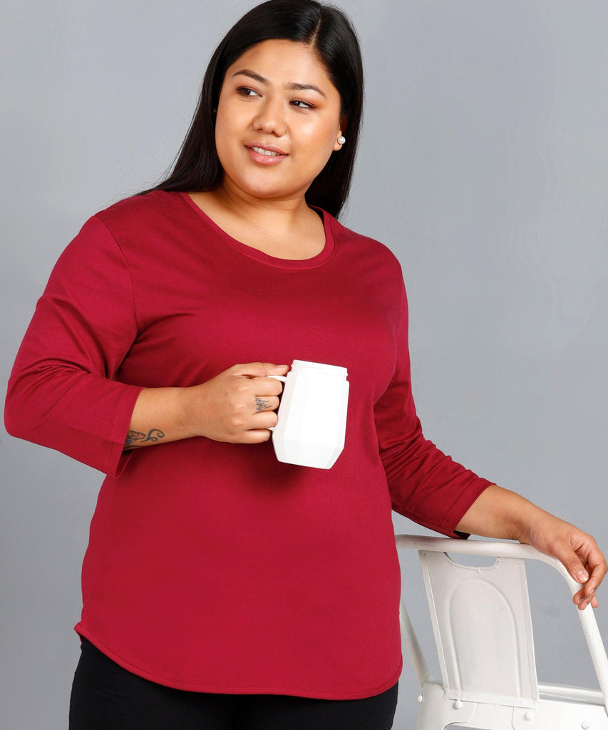 Womens Round Neck 3/4 Sleeve Solid T.shirts Plus Size(Maroon) - Young Trendz