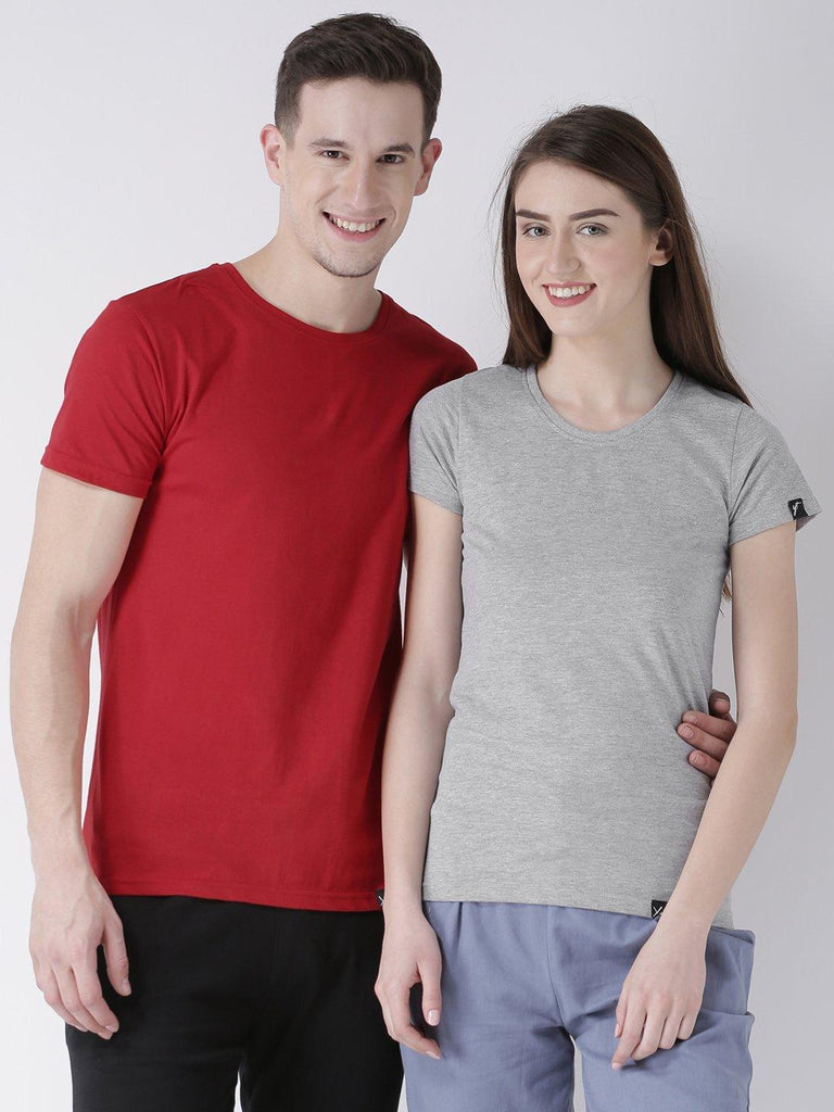 DUO-Half Sleeve Red(Men) Grey(Women) Color Plain Couple Tshirts - Young Trendz