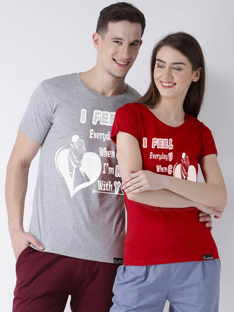 Lucky Printed Half Sleeve Grey(Men) red(Women) Color Couple Tshirts - Young Trendz