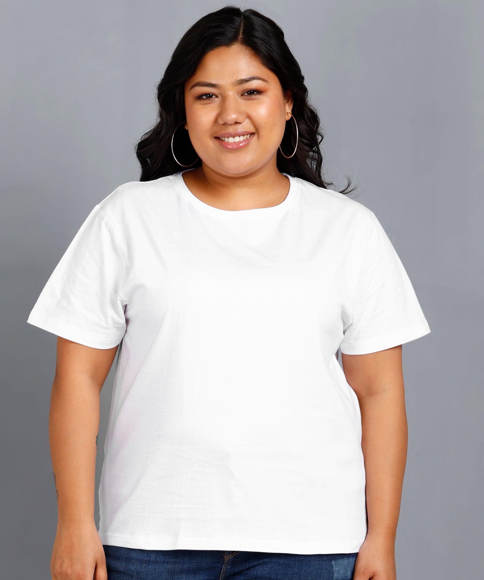 Womens Plus Size Solid Round Neck T.shirt (White) - Young Trendz