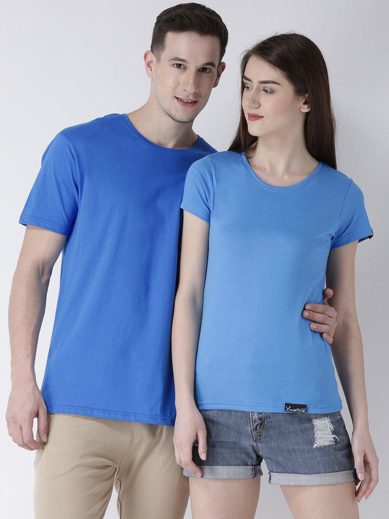 DUO-Half Sleeve Skyblue Color Plain Couple Tshirts - Young Trendz