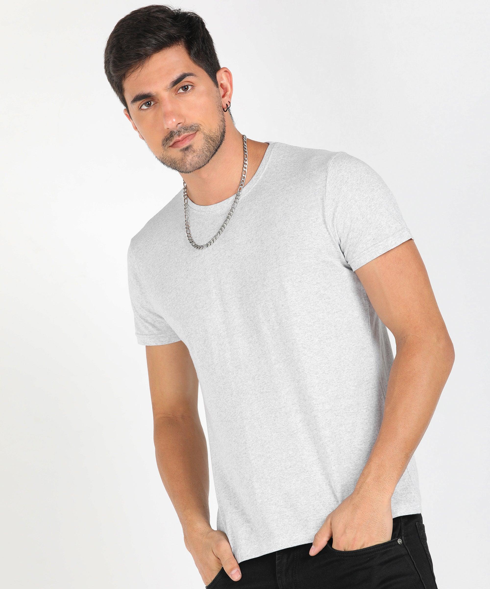 Young Trendz Men Halfsleeve Solid Tshirt (White Melange) - Young Trendz