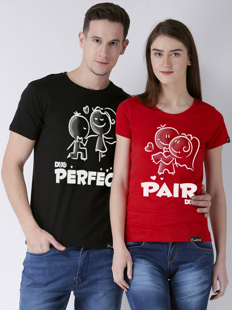 Perfect Printed Half Sleeve Black(Men) red(Women) Color Printed Couple Tshirts - Young Trendz