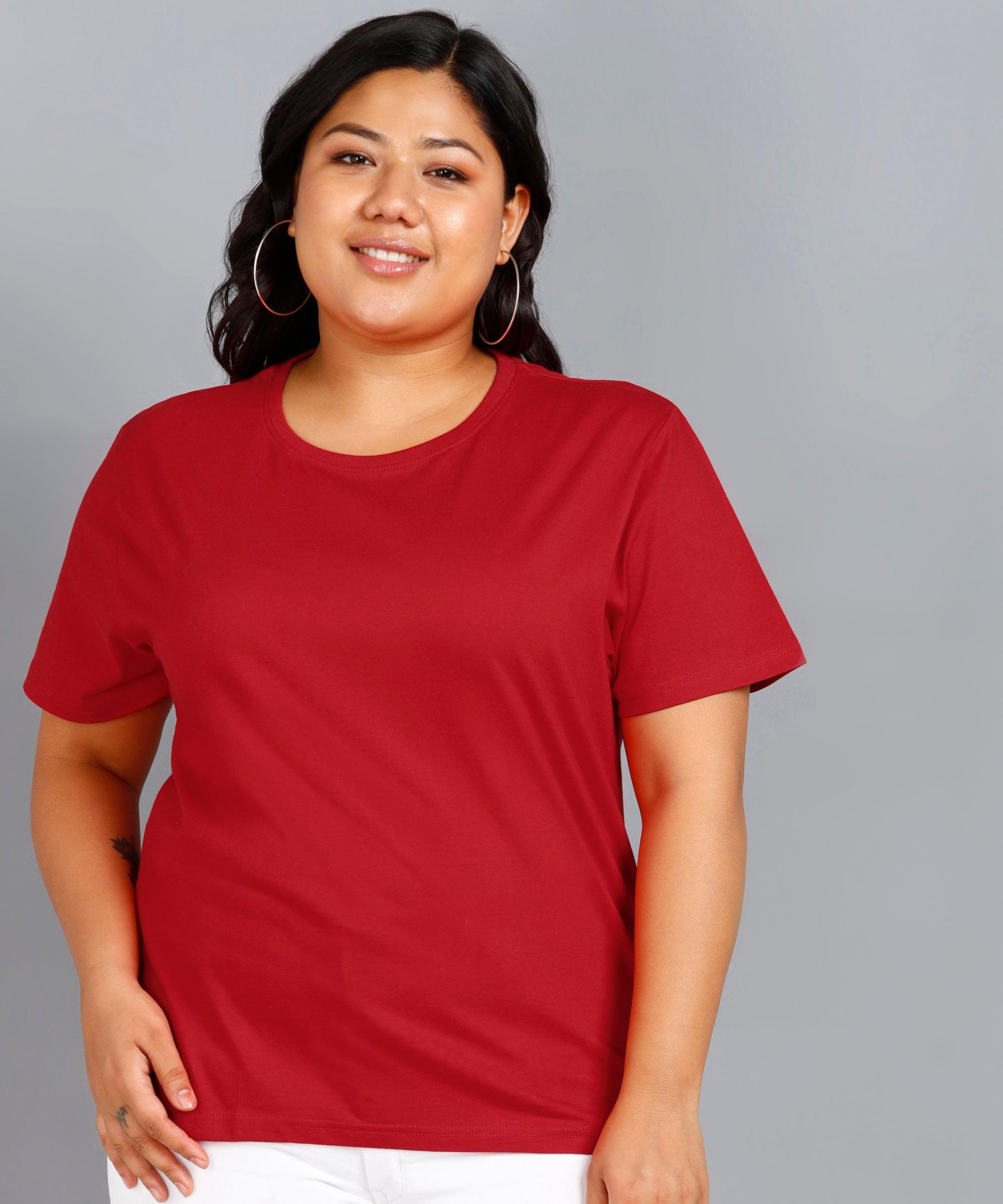 Womens Plus Size Solid Round Neck T.shirt (Red) - Young Trendz