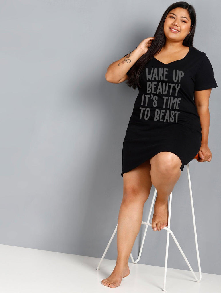 Womens Plus Size Printed Nighty (Black) - Young Trendz