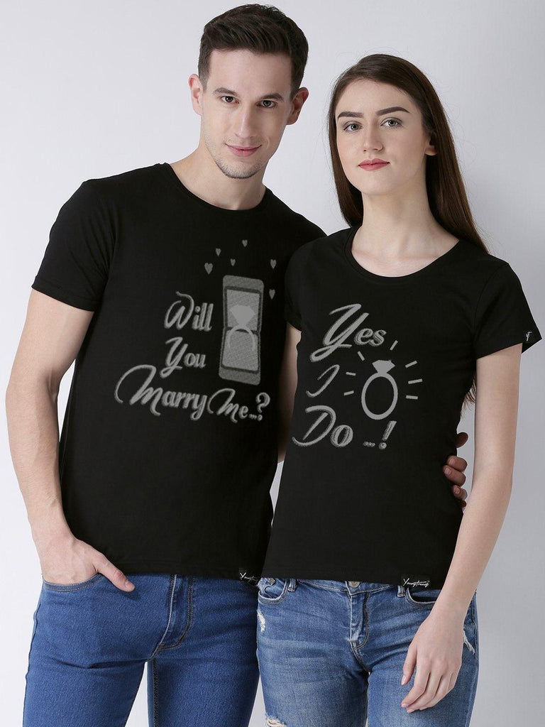 Marry me Printed Black Color Couple Tshirts - Young Trendz