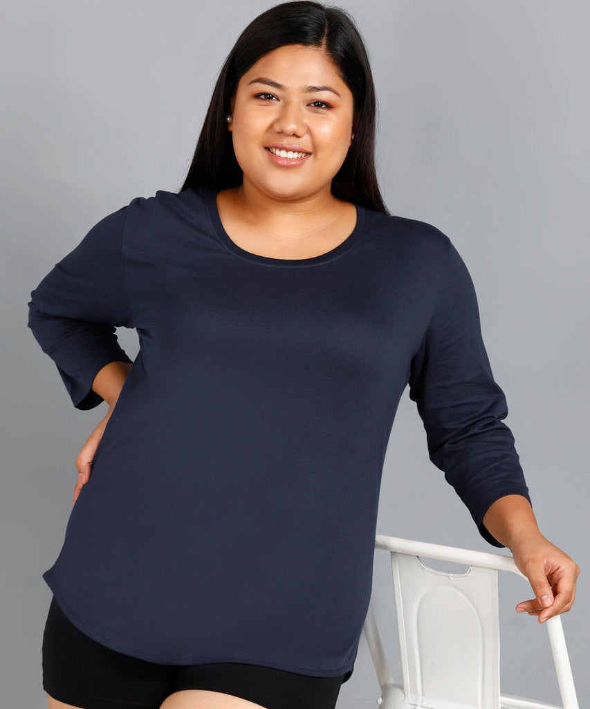 Womens Round Neck 3/4 Sleeve Solid T.shirts Plus Size (Navy) - Young Trendz