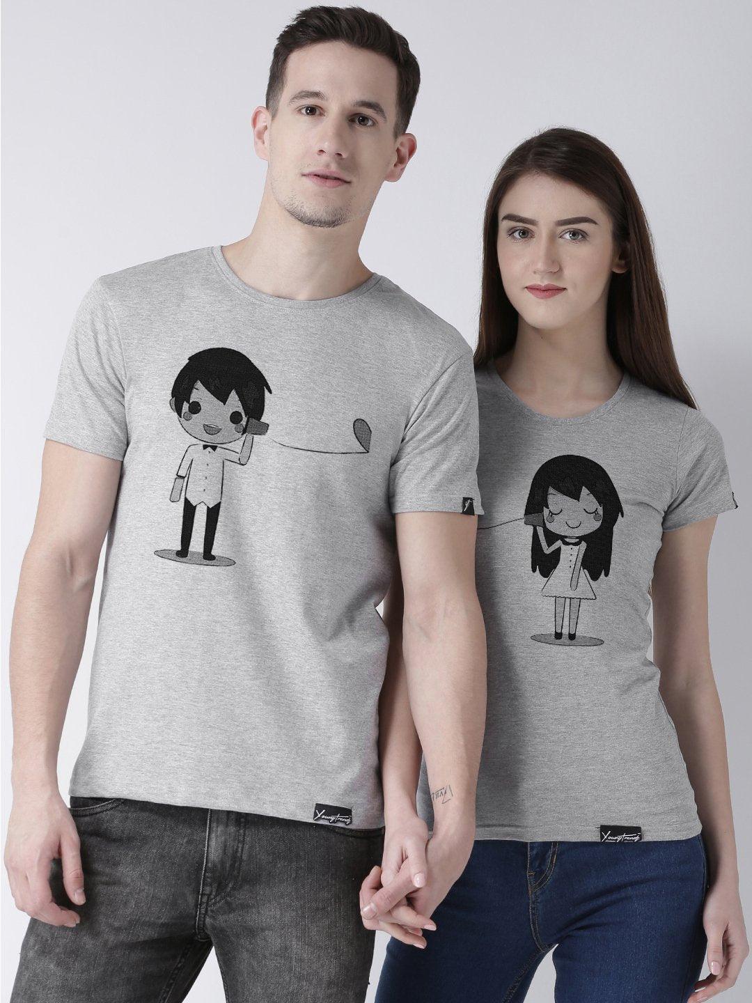 Phone Printed Grey Color Couple Tshirts - Young Trendz