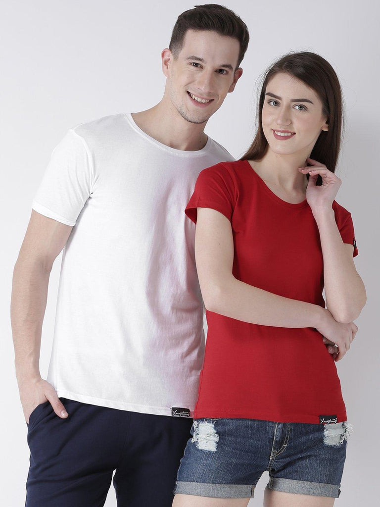 DUO-Half Sleeve White(Men) Red(Women) Color Plain Couple Tshirts - Young Trendz