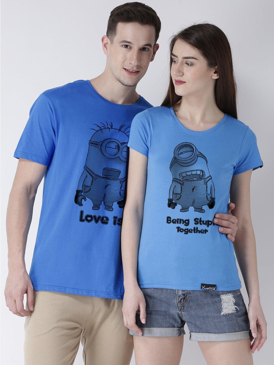 Minions Printed Skyblue Color Couple Tshirts - Young Trendz