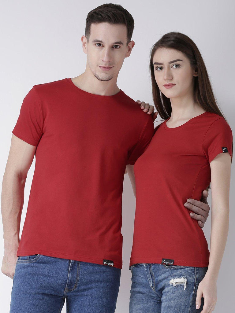 DUO-Half Sleeve Red Color Plain Couple Tshirts - Young Trendz