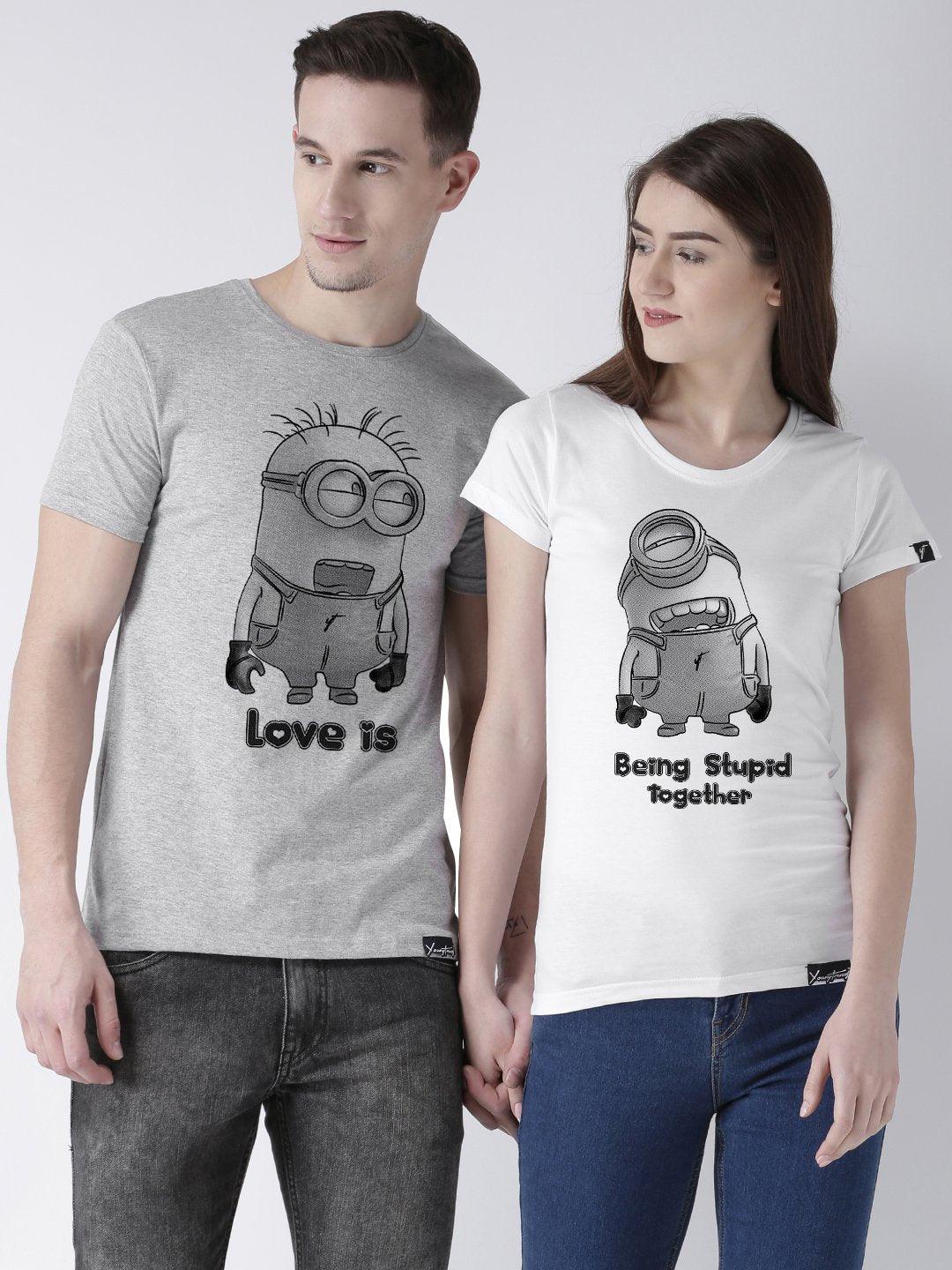 Minions Printed Grey(Men) White(Women) Color Printed Couple Tshirts - Young Trendz