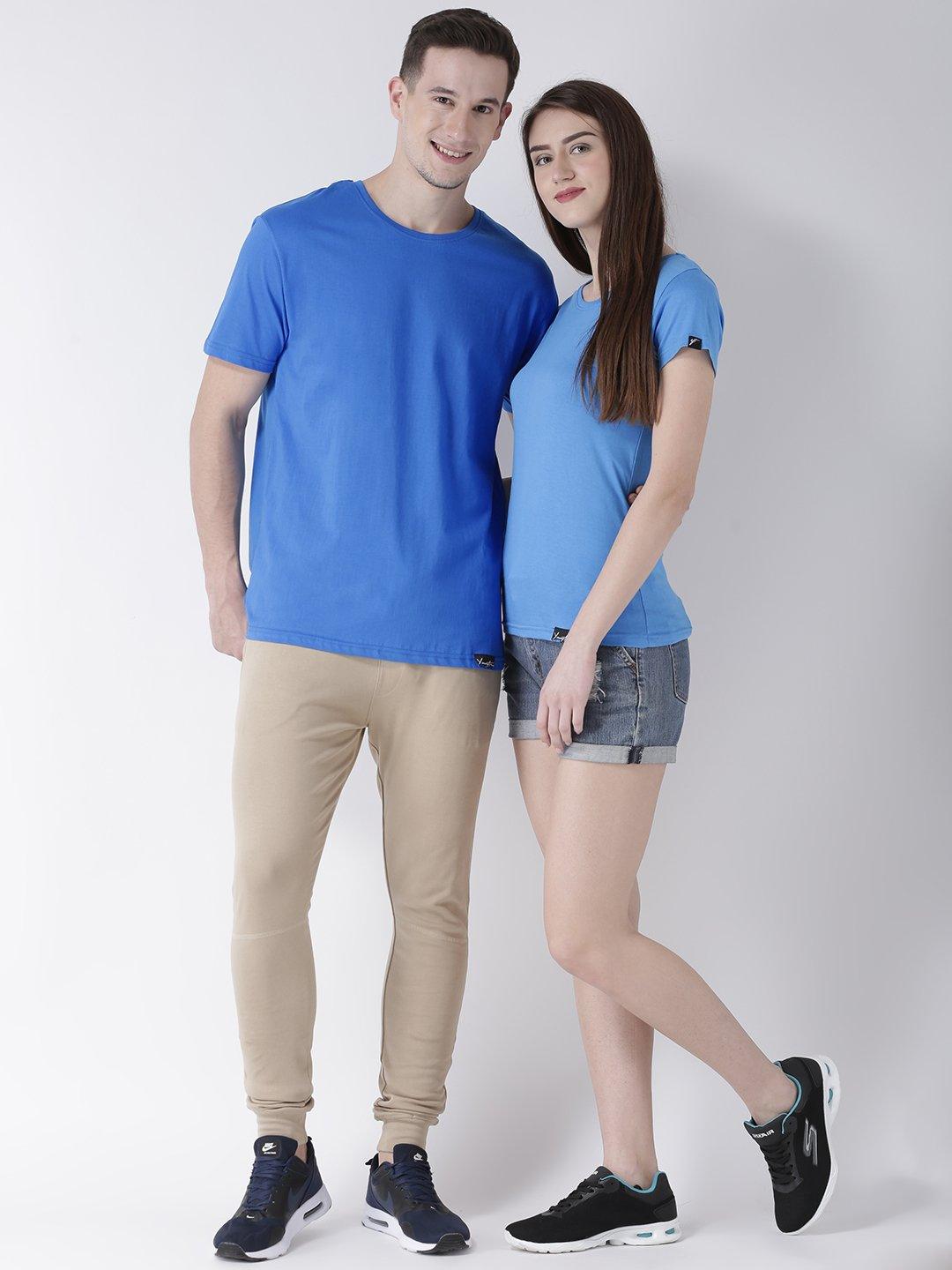 DUO-Half Sleeve Skyblue Color Plain Couple Tshirts - Young Trendz