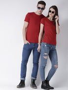 DUO-Half Sleeve Red Color Plain Couple Tshirts - Young Trendz