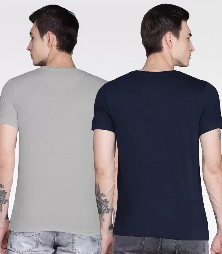 Pack of 2 Men Printed Round Neck T-Shirt Dark Blue, Grey - Young Trendz