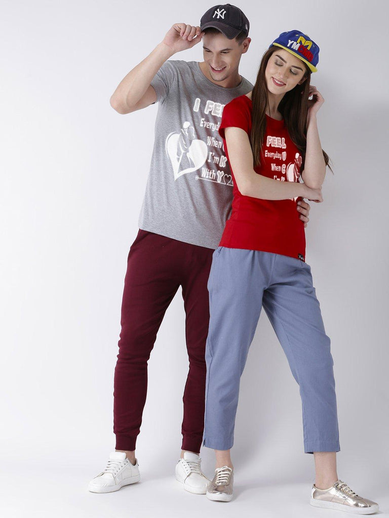 Lucky Printed Half Sleeve Grey(Men) red(Women) Color Couple Tshirts - Young Trendz