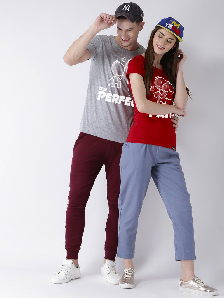 Half Sleeve Grey(Men) red(Women) Color Printed Couple Tshirts - Young Trendz