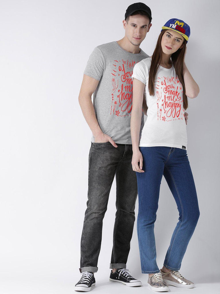 DUO-Happy Printed Half Sleeve Grey(Men) White(Women) Color Couple Tshirts - Young Trendz