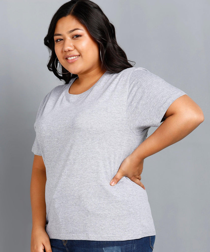 Womens Plus Size Solid Round Neck T.shirt (Grey) - Young Trendz