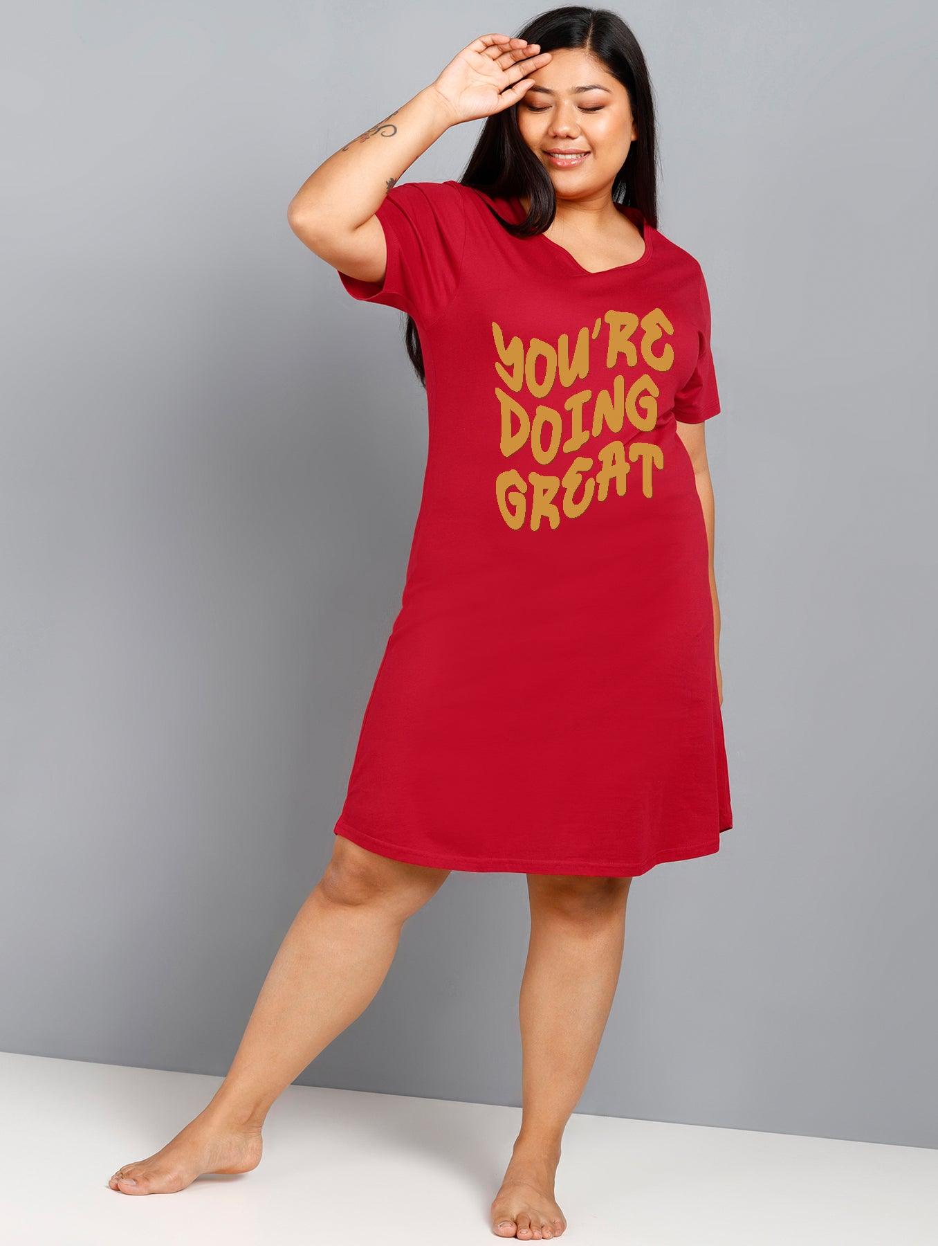 Womens Plus Size Printed Nighty (Maroon) - Young Trendz