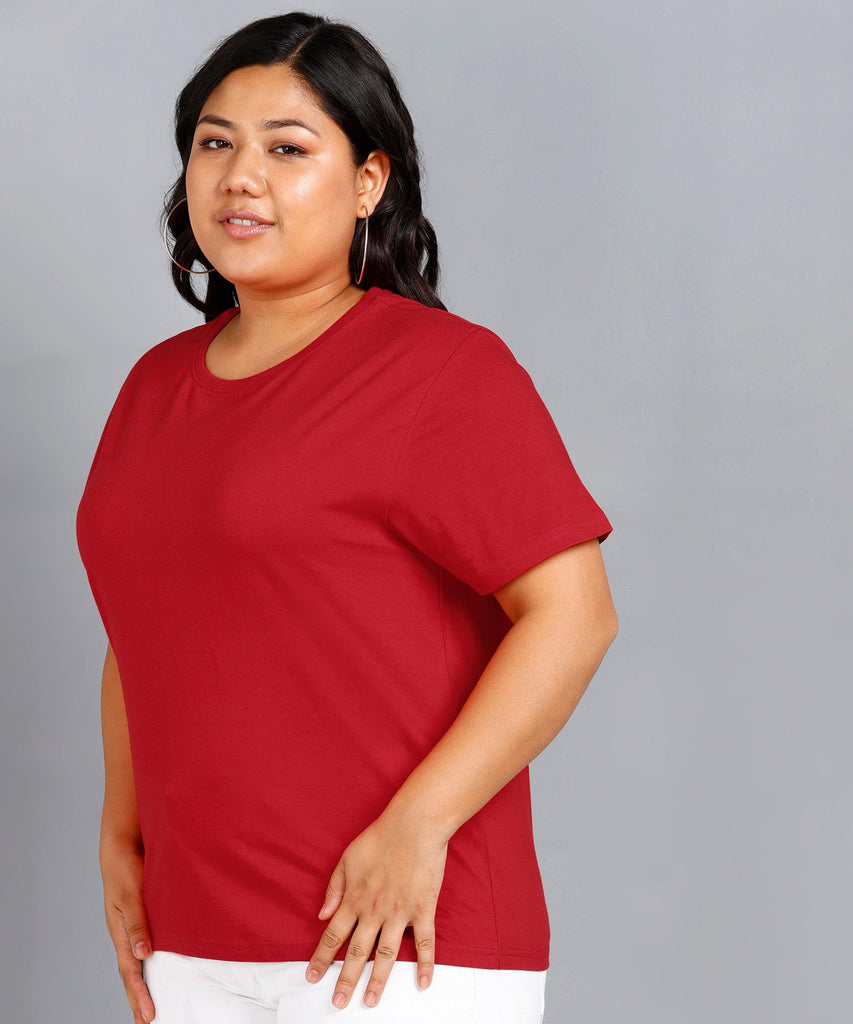 Womens Plus Size Solid Round Neck T.shirt (Red) - Young Trendz