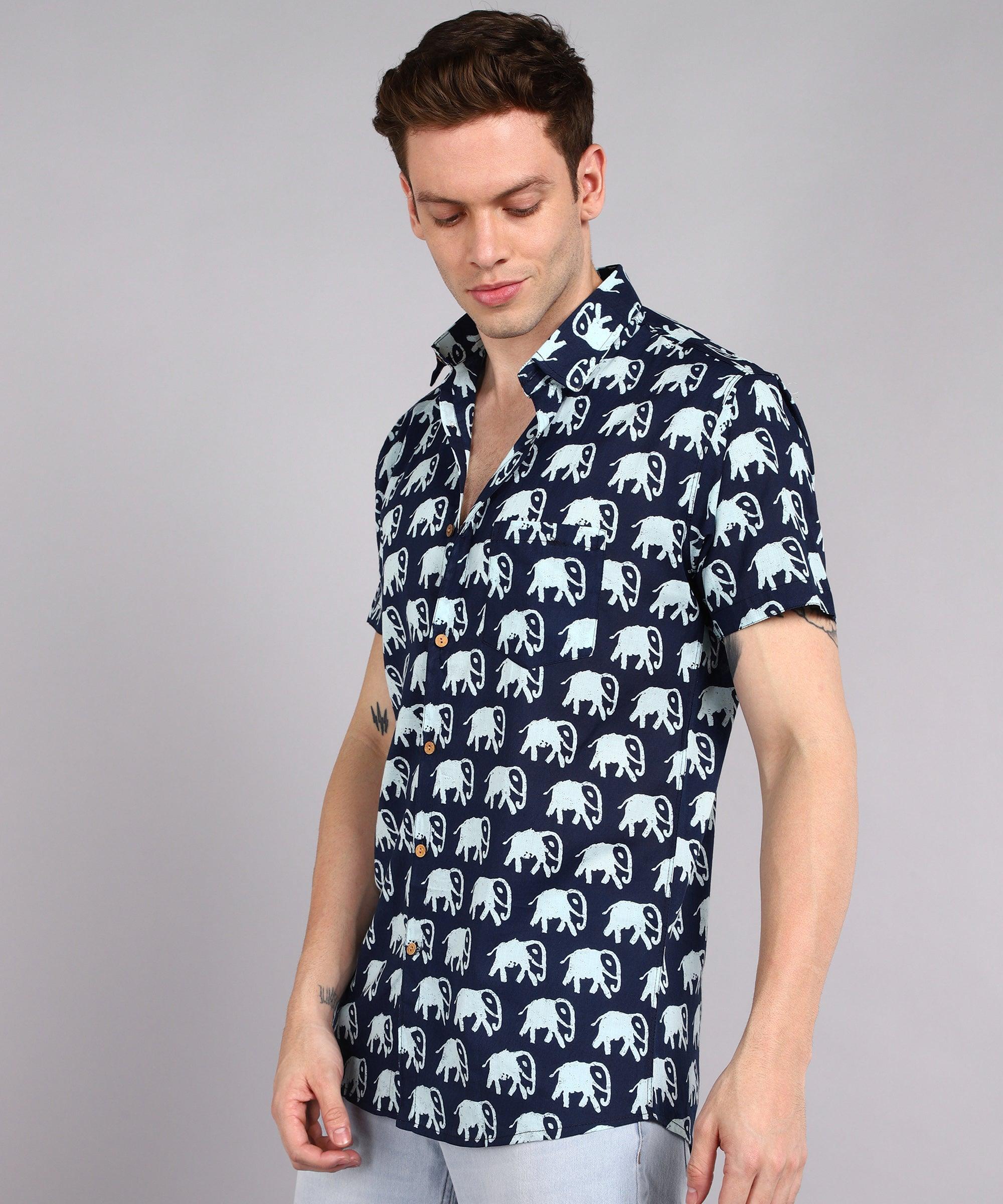 Mens Half Sleeve Casual Printed Shirt (Navy) - Young Trendz