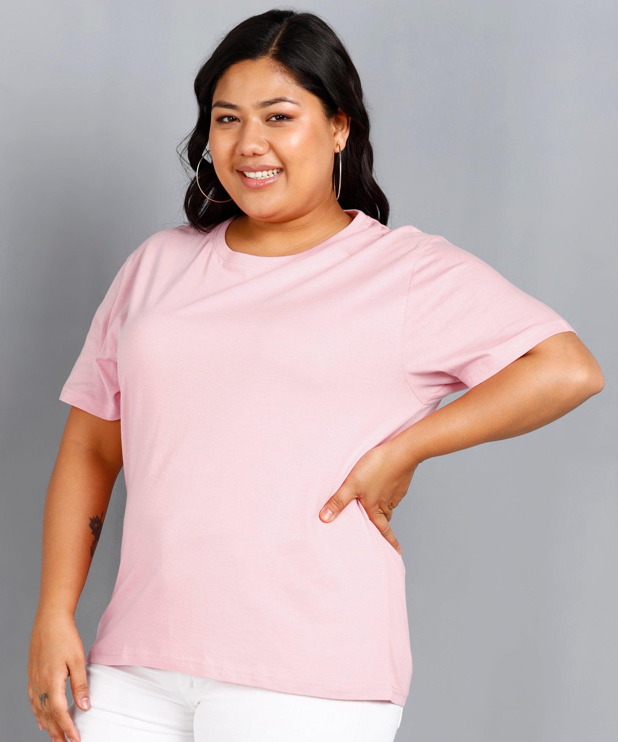 Womens Plus Size Solid Round Neck T.shirt (Pink) - Young Trendz