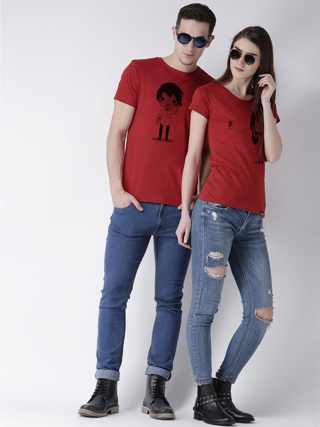 Phone Printed Red Color Couple Tshirts - Young Trendz