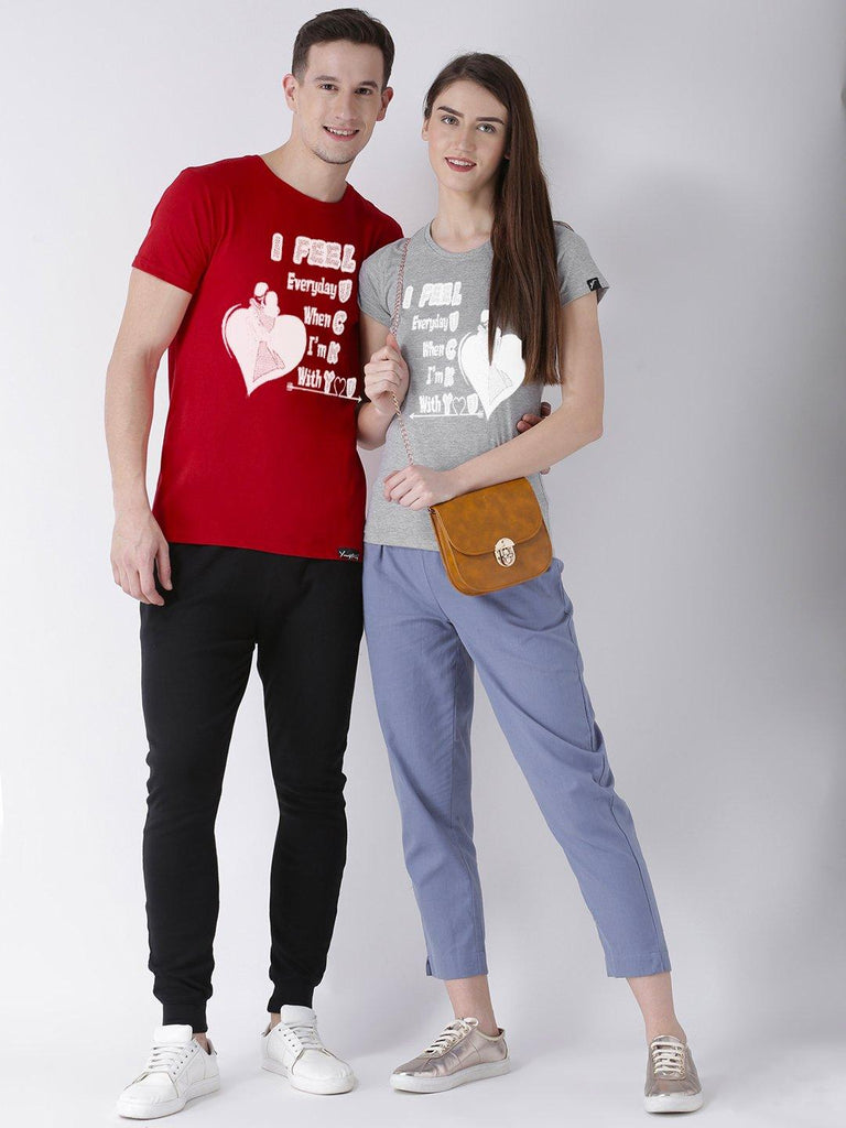 Lucky Printed Half Sleeve Red(Men) Grey(Women) Color Printed Couple Tshirts - Young Trendz
