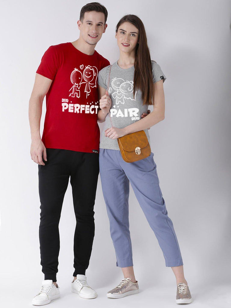 Half Sleeve Red(Men) Grey(Women) Color Printed Couple Tshirts - Young Trendz