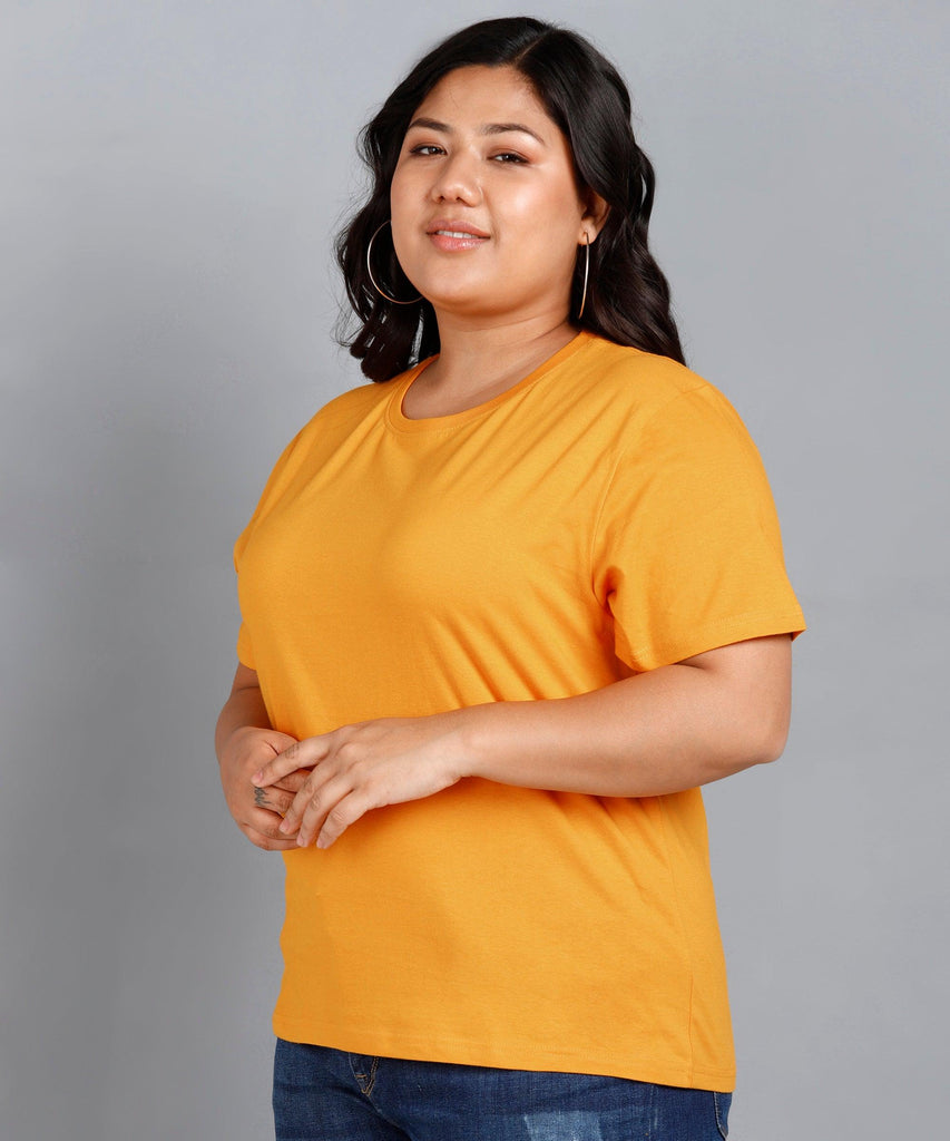 Womens Plus Size Solid Round Neck T.shirt (Mustard) - Young Trendz