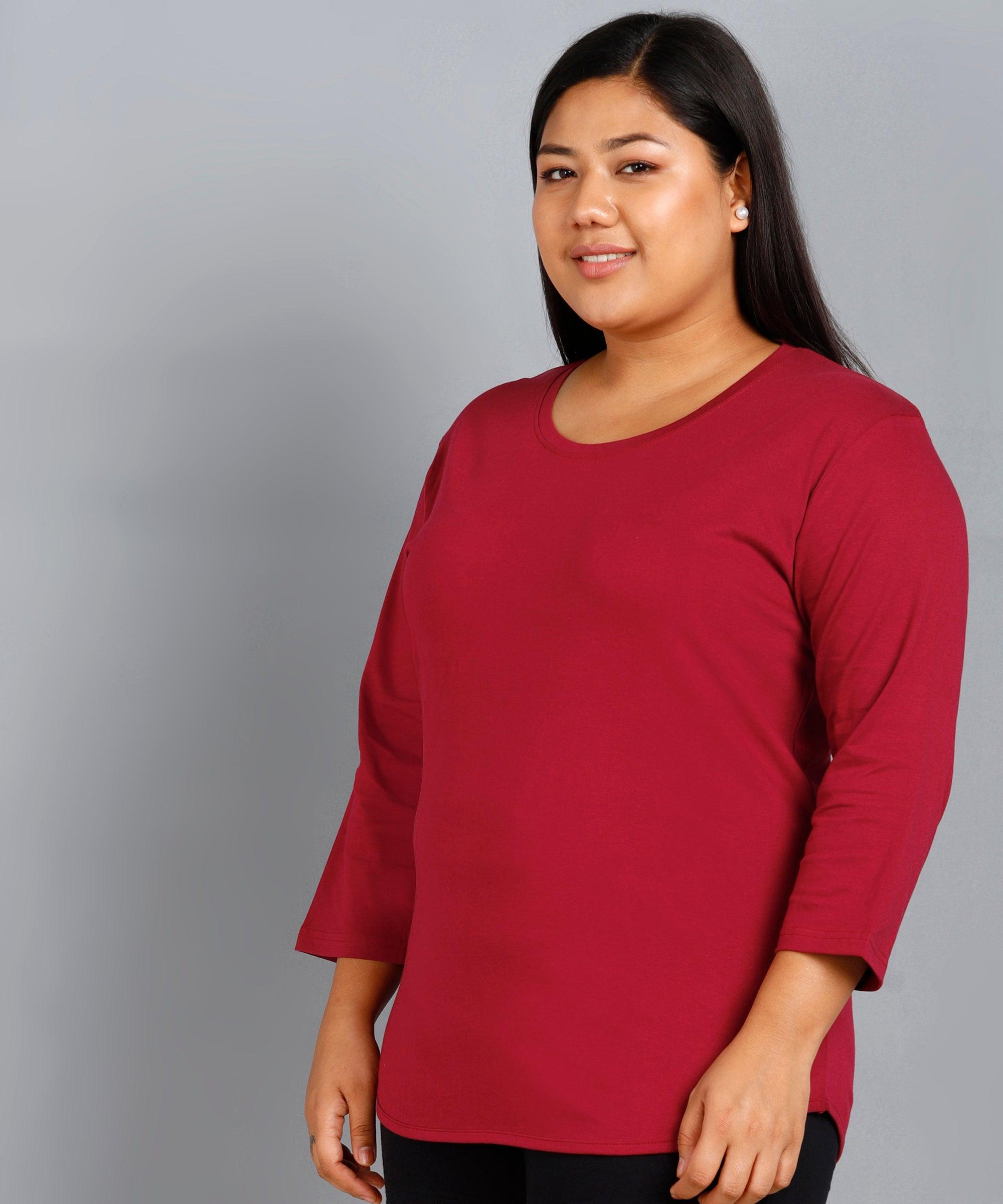 Womens Round Neck 3/4 Sleeve Solid T.shirts Plus Size(Maroon) - Young Trendz