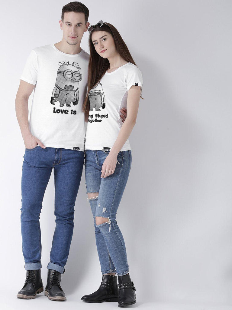 Minions Printed White Color Couple Tshirts - Young Trendz