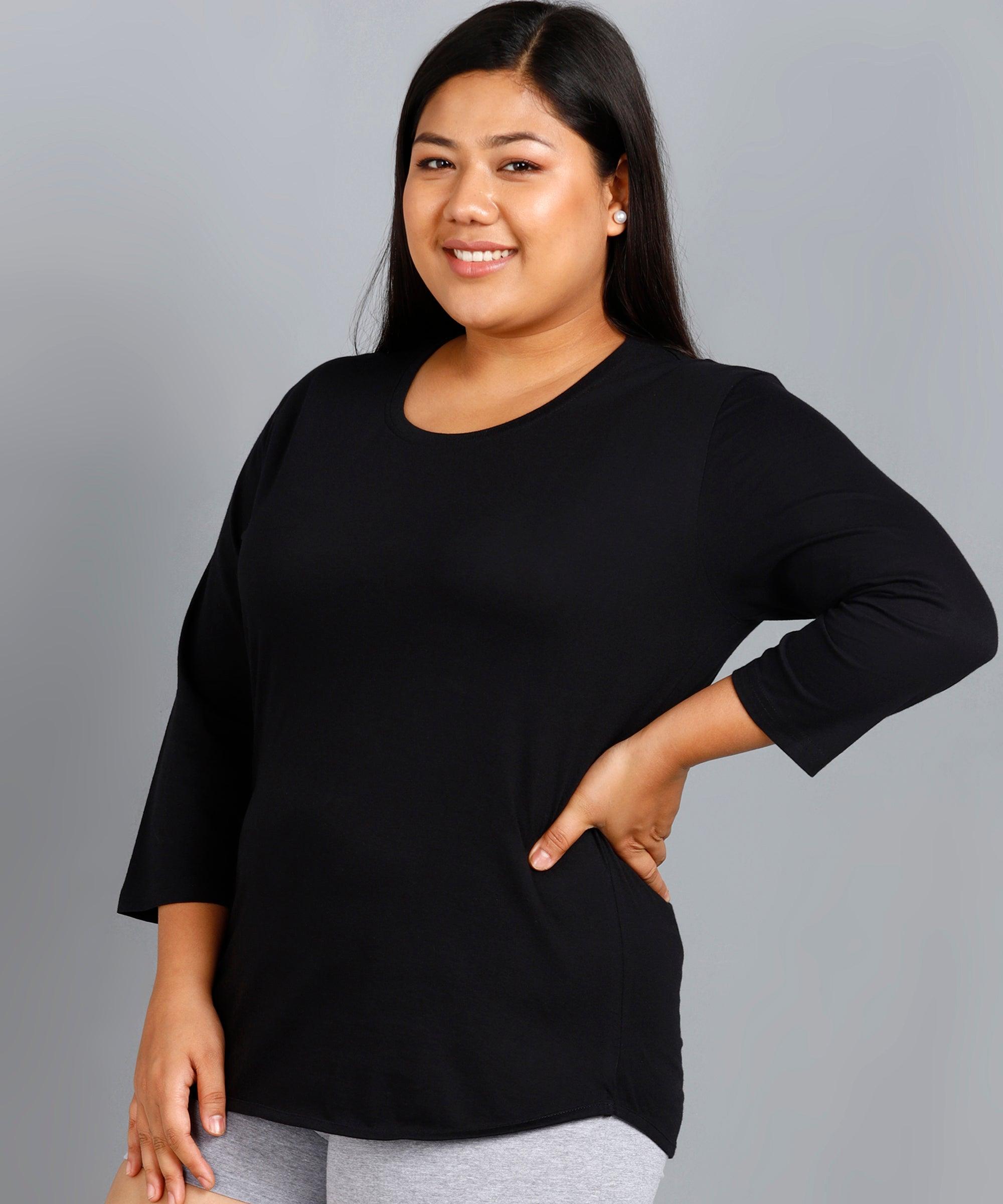 Womens Round Neck 3/4 Sleeve Solid T.shirts Plus Size (Black) - Young Trendz