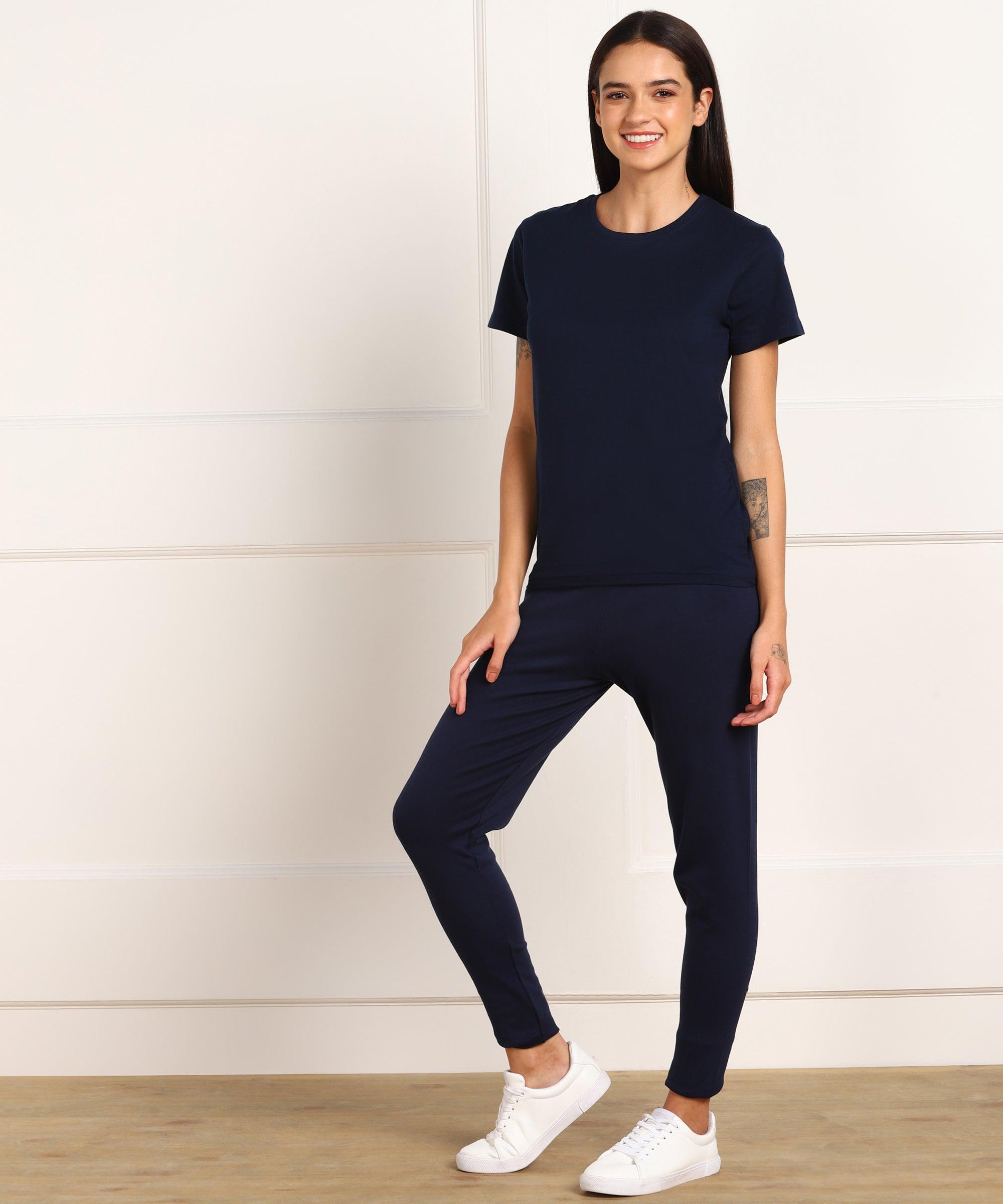 Womens Lounge Wear Regular Fit T-Shirt And Solid Tights Set - Young Trendz