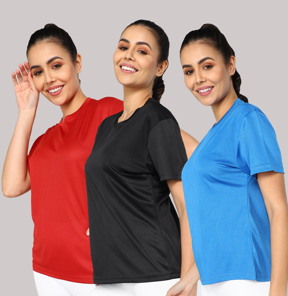 Womens Dry-Fit Sports Combo T.shirt (Blue ,Black ,Red) - Young Trendz