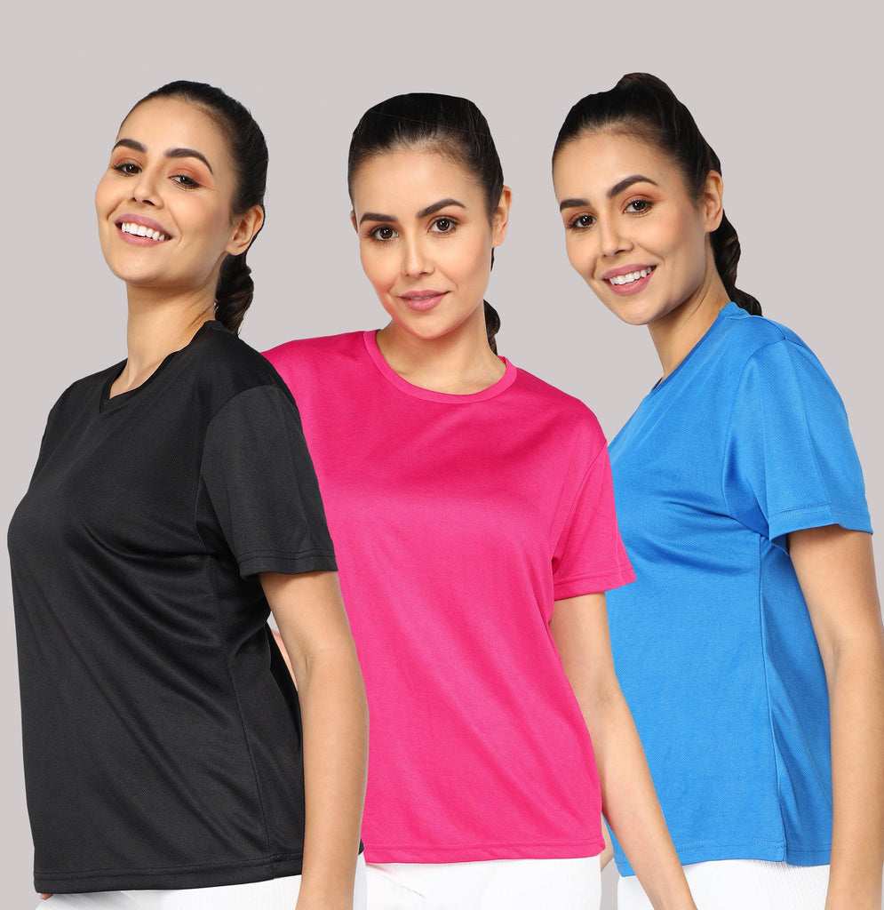 Womens Dry-Fit Sports Combo T.shirt (Blue,Pink,Black) - Young Trendz