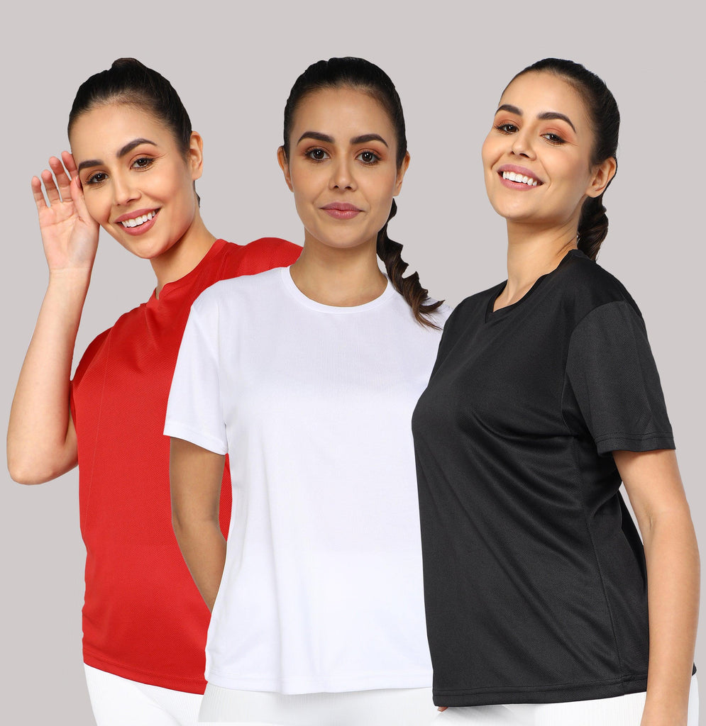 Womens Dry-Fit Sports Combo T.shirt (Red,White,Black) - Young Trendz