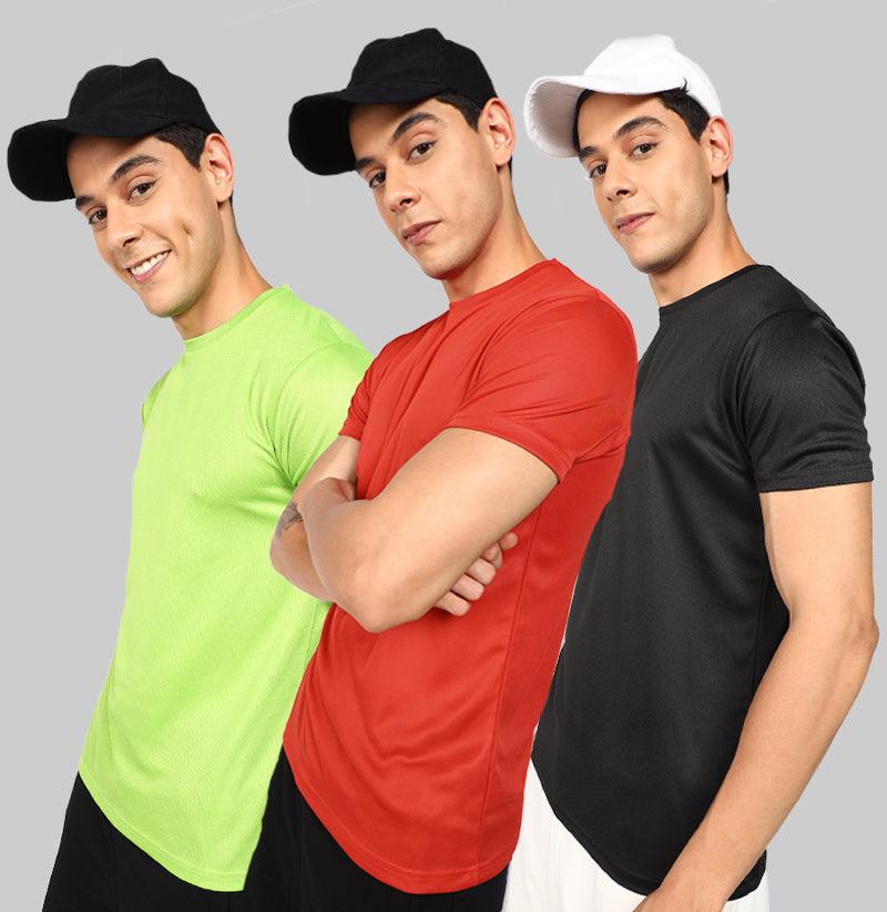 Mens Round Neck Half Sleeve Polyster Dry-Fit Sports Combo Solid T.shirts (Pack Of 3) - Young Trendz