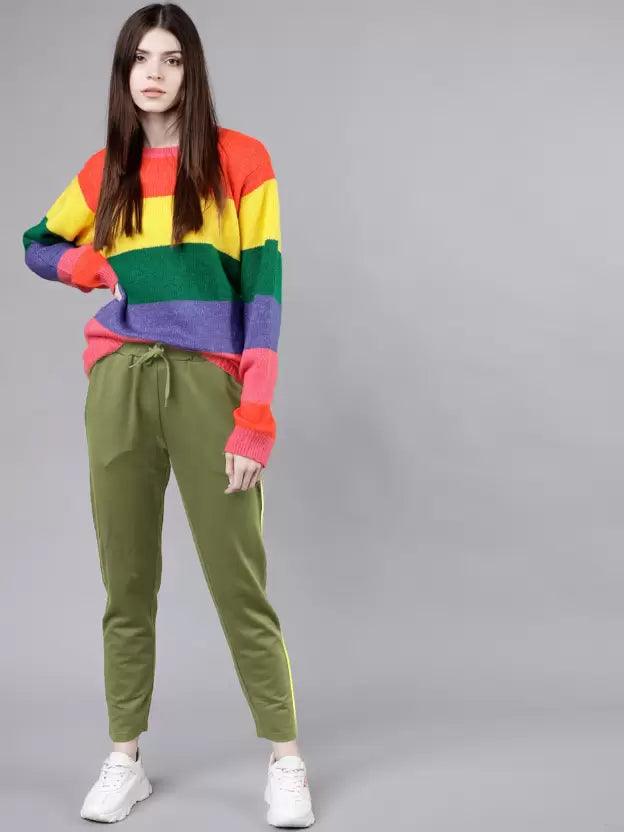 Women Striped Drak Green Track Pants - Young Trendz