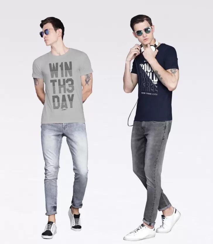 Pack of 2 Men Printed Round Neck T-Shirt Dark Blue, Grey - Young Trendz