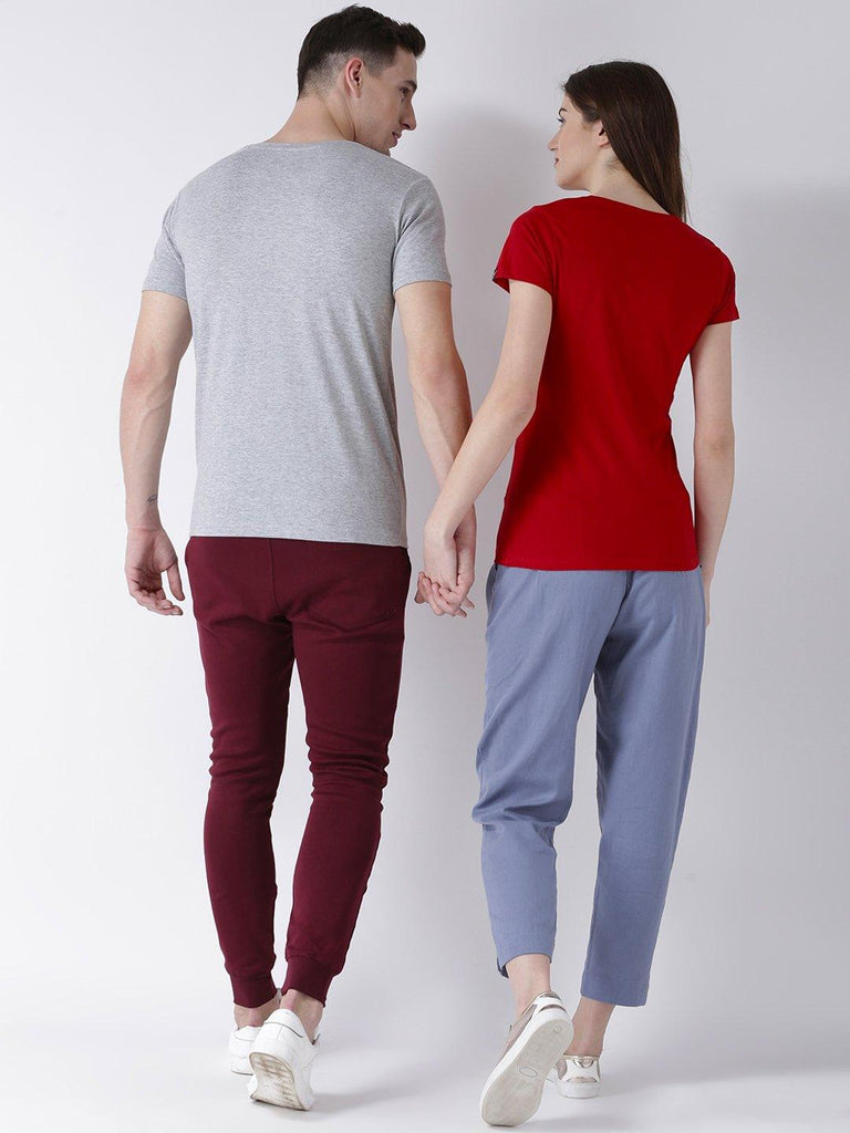 Half Sleeve Grey(Men) red(Women) Color Printed Couple Tshirts - Young Trendz