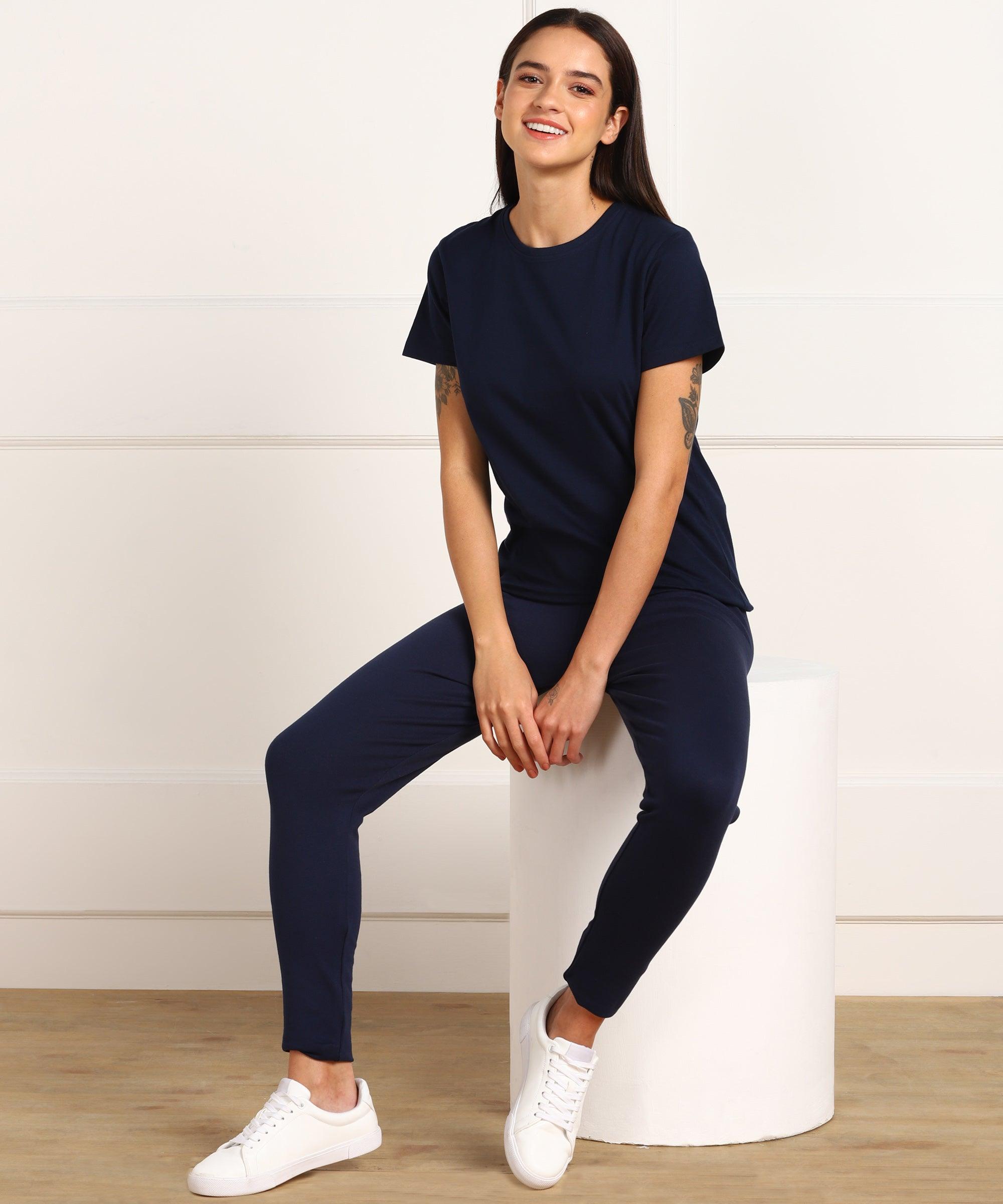 Womens Lounge Wear Regular Fit T-Shirt And Solid Tights Set - Young Trendz