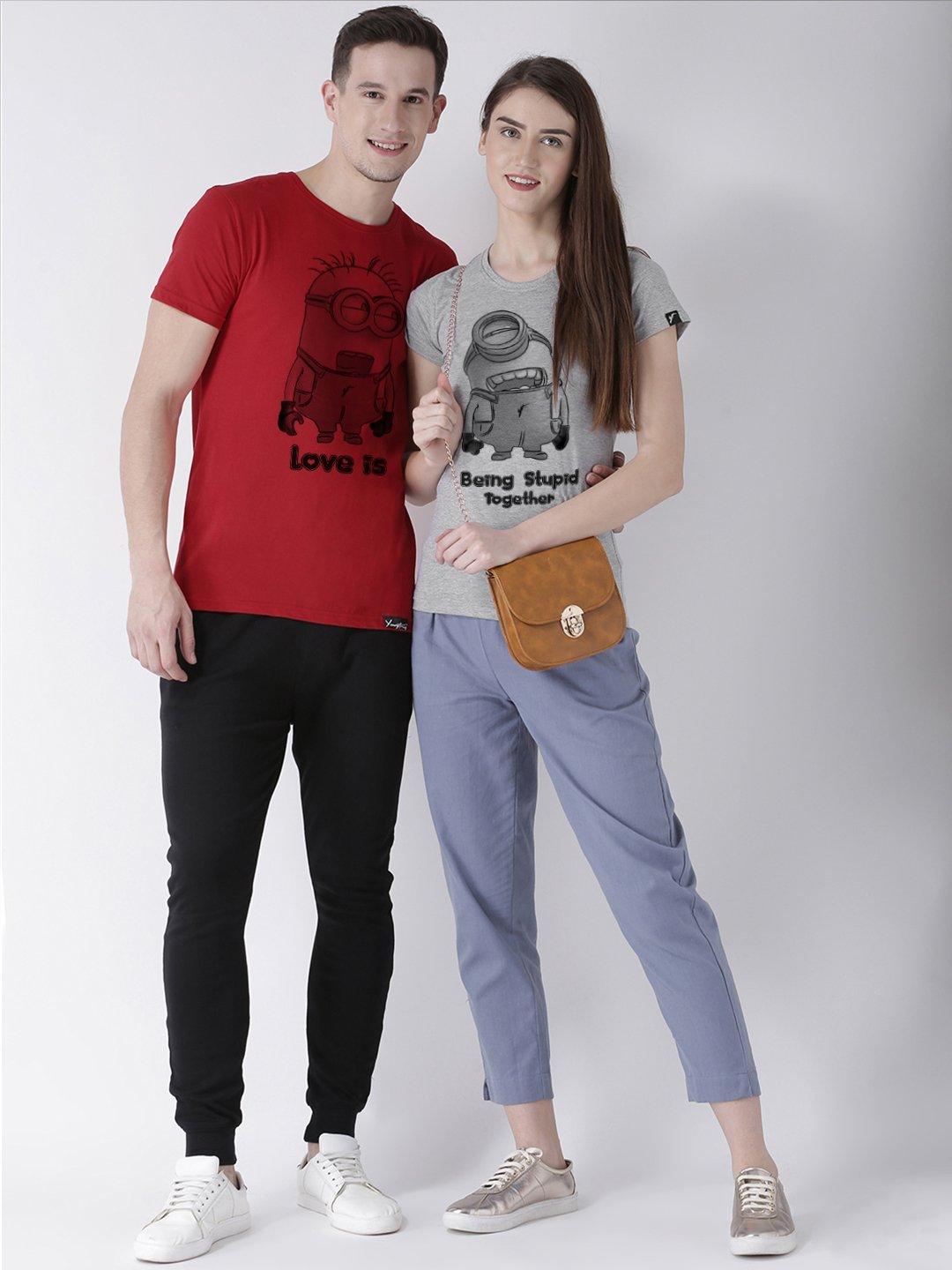 Minions Printed Red(Men) Grey(Women) Color Printed Couple Tshirts - Young Trendz