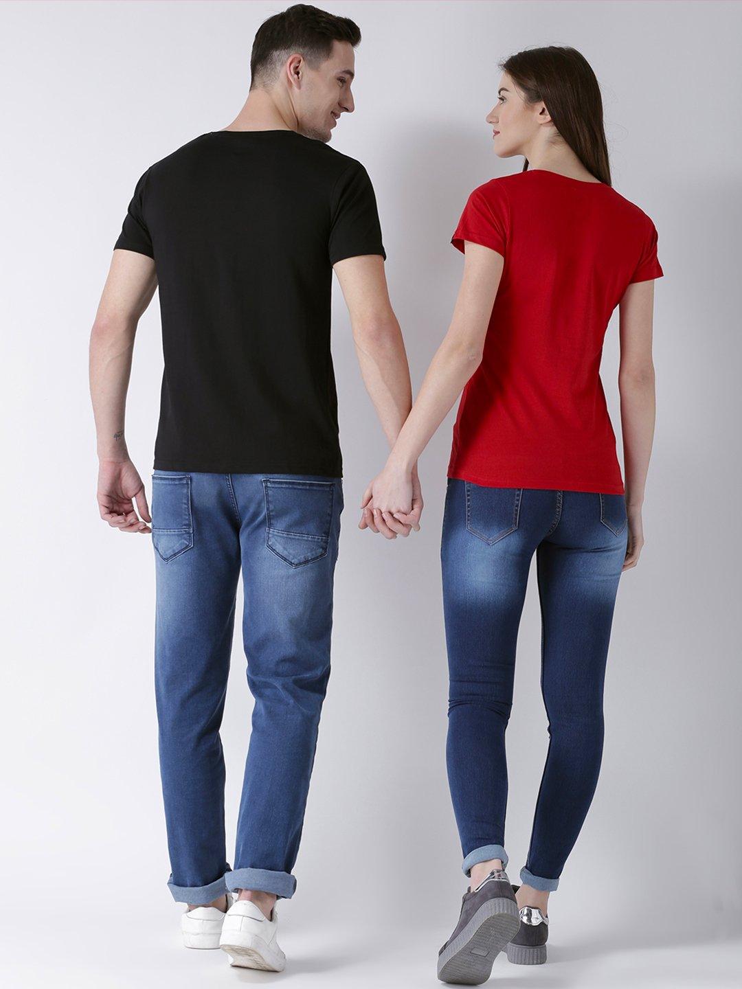 DUO-Lucky Printed Half Sleeve Black(Men) red(Women) Color Couple Tshirts - Young Trendz