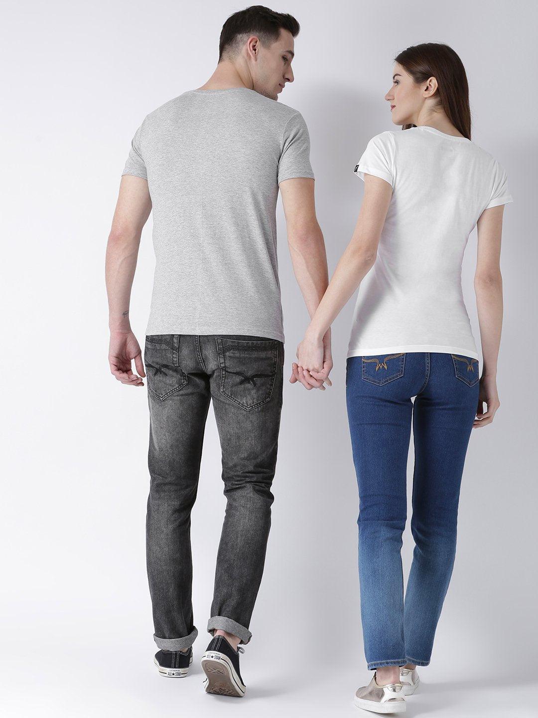 DUO-Happy Printed Half Sleeve Grey(Men) White(Women) Color Couple Tshirts - Young Trendz