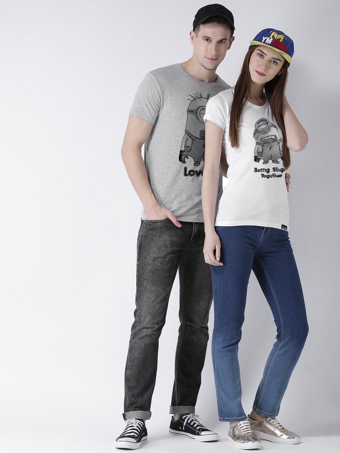 Minions Printed Grey(Men) White(Women) Color Printed Couple Tshirts - Young Trendz