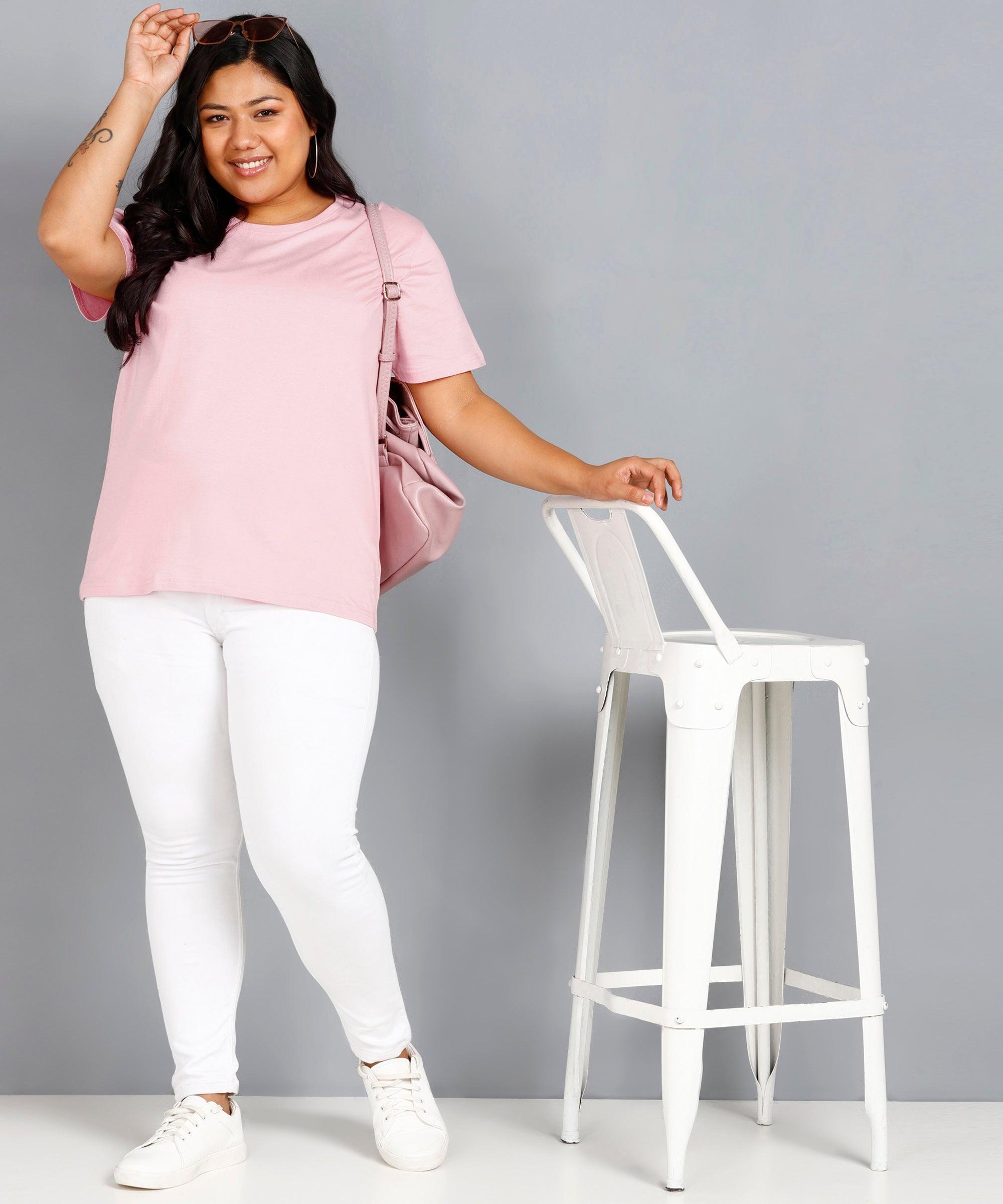 Womens Plus Size Solid Round Neck T.shirt (Pink) - Young Trendz