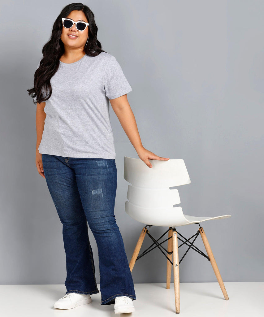Womens Plus Size Solid Round Neck T.shirt (Grey) - Young Trendz