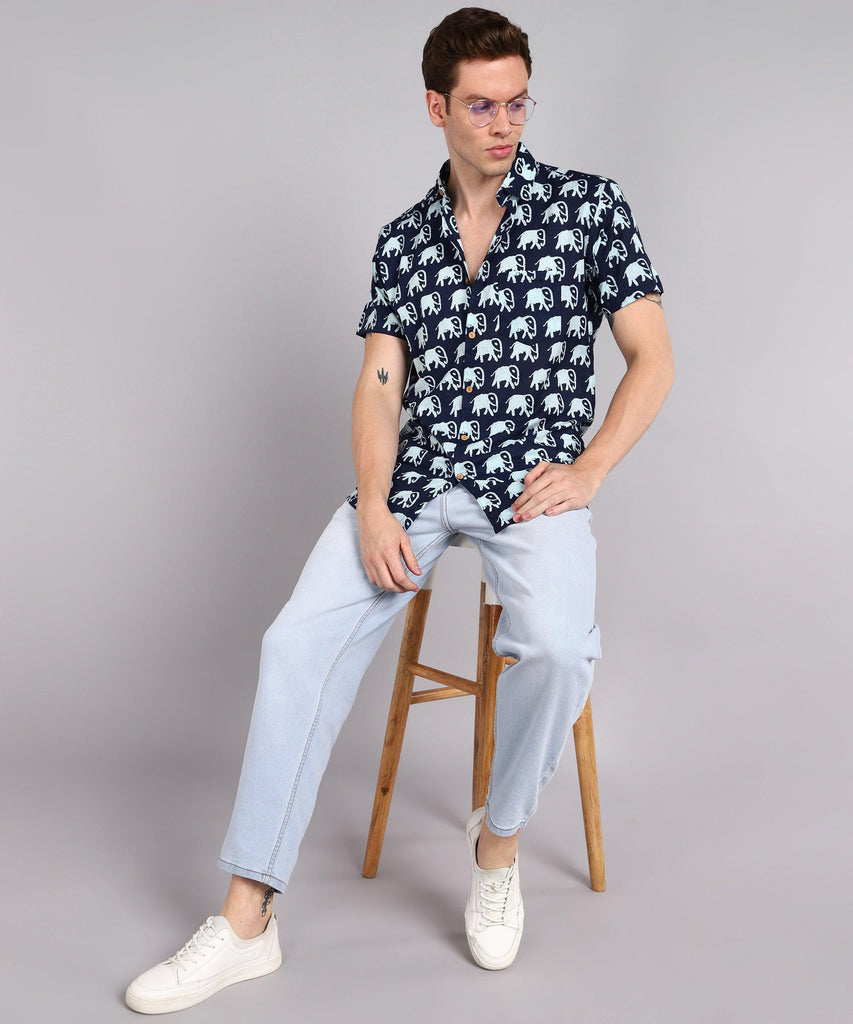 Mens Half Sleeve Casual Printed Shirt (Navy) - Young Trendz